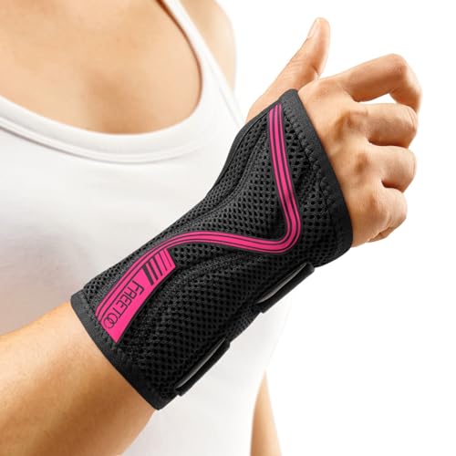 FREETOO Carpal Tunnel Wrist Brace Night Support, Right Hand, Medium Right Hand (Black-Rose Red)