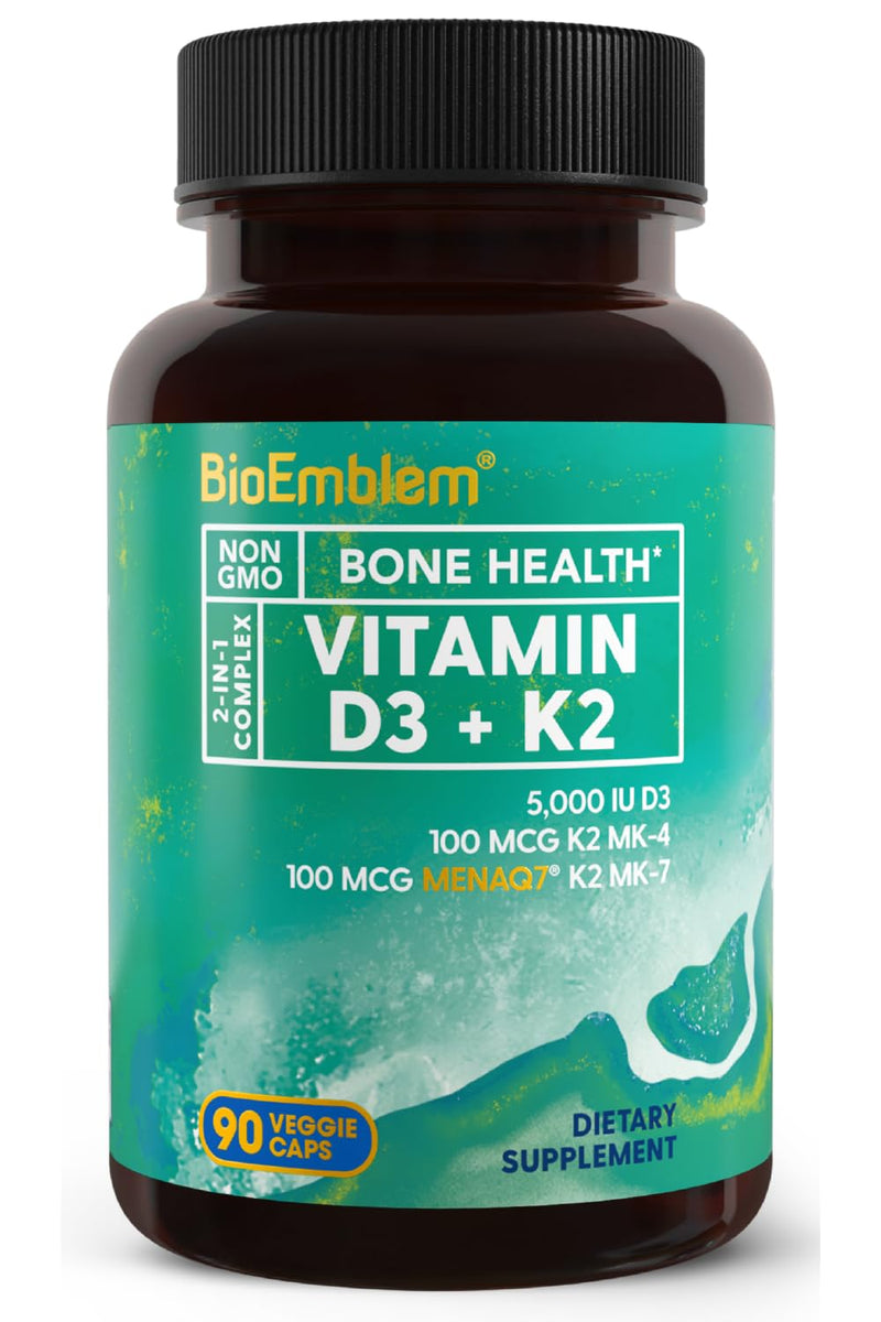 BioEmblem Vitamin D3 K2 Capsules (5000IU and 200mcg) - Patented MK7 and MK4 for 3-in-1 Complex Support - Vegetarian Vitamin D K2 Supplement for Teeth, Heart, Immune System - Non-GMO, 90 Caps | 3-In-1 Complex With Patented MenaQ7 for Calcium, Bone, Teet...