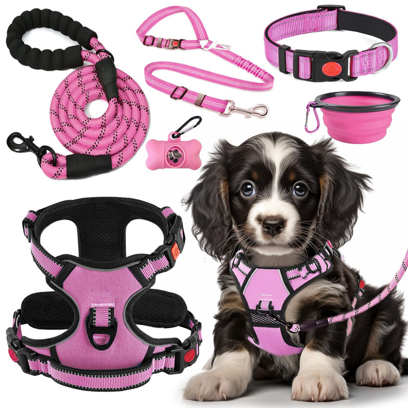 No Pull Dog Harness, Collar & Leash Set | Includes Dog Seat Belt, Collapsible Bowls & Poop Bag Dispenser. Ideal for Training, Walking, Hiking. Fits Small to Large Dogs(Pink-M) Medium Pink - BeesActive Australia