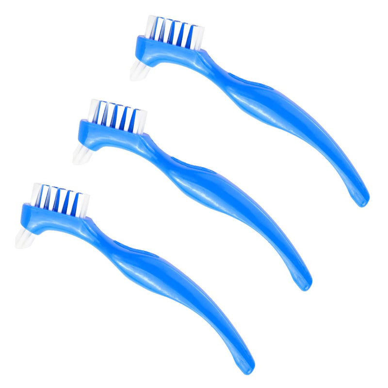 3Pcs Denture Toothbrush Double Heads Denture Brush Portable Denture Cleaning Tool Oral Care Set False Teeth Denture Cleaner Anti-Slip Handle Hygiene Denture Brush,Blue - BeesActive Australia