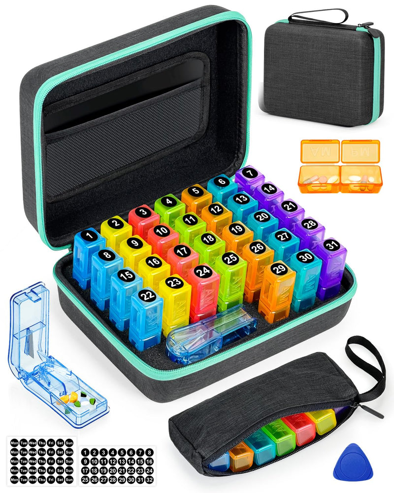 Monthly Pill Organizer 2 Times a Day, with Weekly Pill Bag, Portable Hard Shell, Pill Cutter, Plastic Opening Pick, Monthly & Weekly Stickers, Convenient Medication Management and Tracking - BeesActive Australia