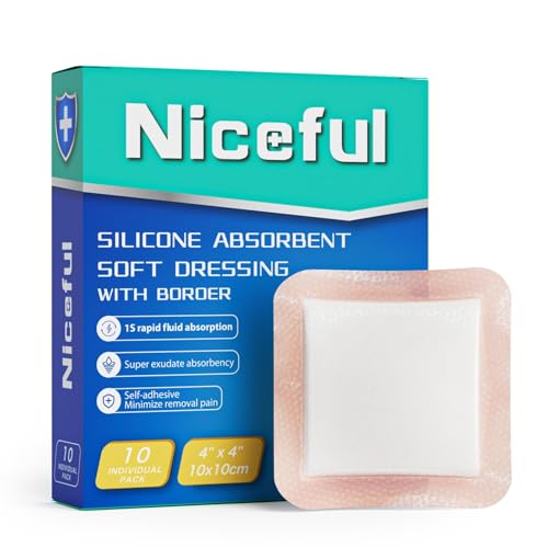 Niceful Silicone Super Absorbent Wound Dressing-4"× 4" Self-Adhesive Bandages for Wound Care, FSA HSA Eligible, Ultra Soft Wound Pads for Bed Sores Leg Ulcers Burns, 10 4"x 4"