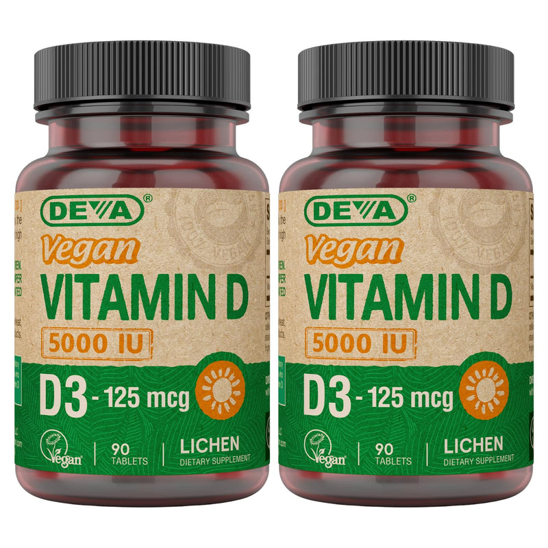 DEVA Vitamin D3 5000 IU, Sunshine Supplement, 125 mcg of Vegan D3, 90-Count Bottle (Pack of 2) 90 Count (Pack of 2)