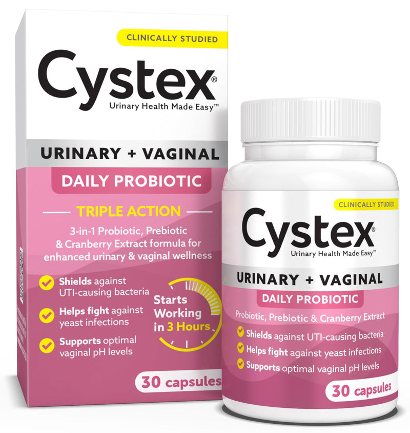 Cystex 3-in-1 Urinary Tract Probiotic for Women - Fast-Acting UTI & Yeast Infection Support with Prebiotics, Probiotics, & Cranberry - Supports Vaginal pH & Flora Balance - 30 Capsules Herbal Supplement
