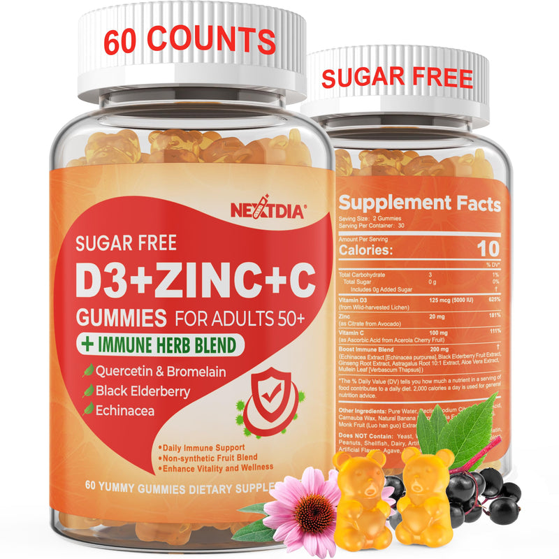 Vitamin C + D3 + Zinc Immune Support Gummies for Adults 50 Plus Elderberry | Vitamin C + D3 + Zinc Gummies for Adults 50 +, Sugar Free Immune Support Supplement w/ Elderberry, Echinacea, Quercetin,1Pack 60 Count (Pack of 1)