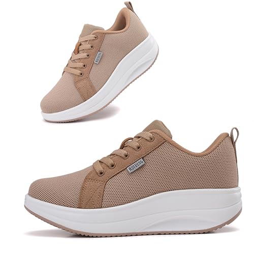 Oude Womens Walking Sneakers Comfy | Platform Shoes for Women Fashion | Stylish Standing All Day Rocker Bottom 6 Khaki