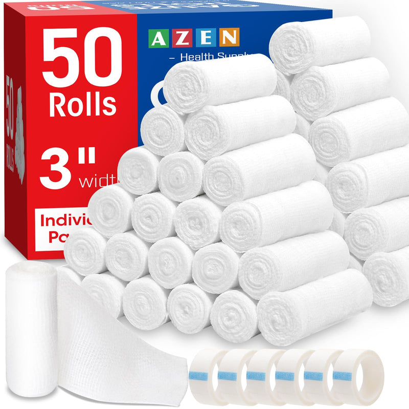 AZEN 50 Pack Gauze Rolls Bandages, 3 in x 4.1 Yards, Premium Medical Supplies & First Aid Supplies, Bandage Wrap Vet Wrap B-50p - BeesActive Australia