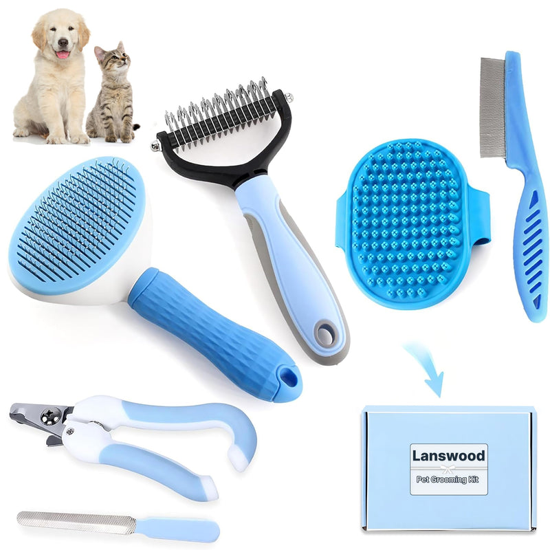 Dog Brush Dog Grooming Kit 6PCS Dog Brush for Shedding-Dog Brushes for Grooming, Dematting Comb for Dogs, Cat & Dog Nail Clipper with Nail File, Flea Comb, Dog Bath Brush-Blue - BeesActive Australia