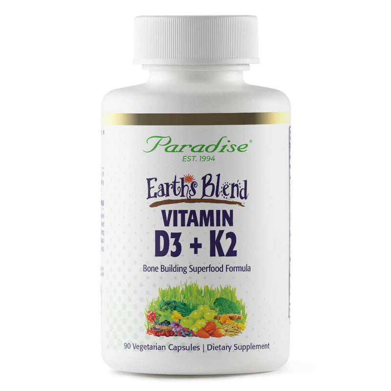 Paradise Herbs & Essentials Vitamin D3 + K2, 90 Vegetarian Capsules | Earth's Blend with probiotics, organic alkalizing greens, veggies and berries, a superfoods base for daily use 90 Count (Pack of 1)