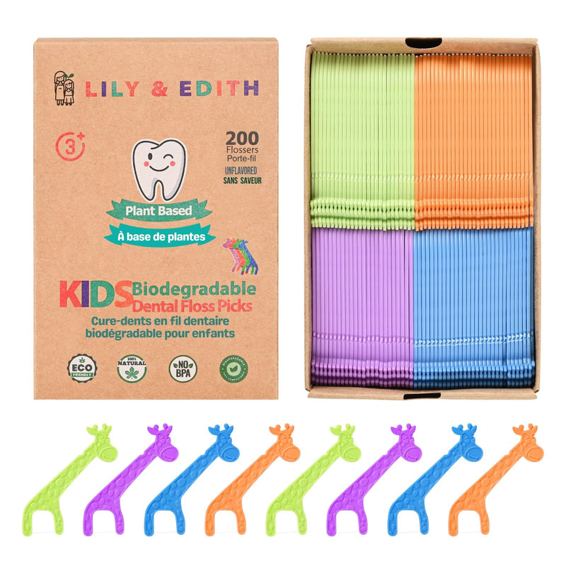 LILY & EDITH Kids Biodegradable Dental Floss Picks 200 Counts, Fluoride Free, Plant Based Material, Fun Animal Flossing Sticks, Ultra Sturdy Thread, Zero Waste Package (Unflavored) Unflavored - BeesActive Australia