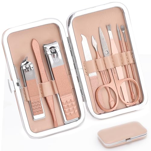 9 PCS Nail Clippers, ONEHERE Premium Manicure Set, Professional Grooming Gift Kit, Pedicure Kit, Facial, Hand, Foot, Cuticle Nail Care Tools, Fingernail Clippers with Luxurious Portable Travel Case Rose Gold 9 Pcs