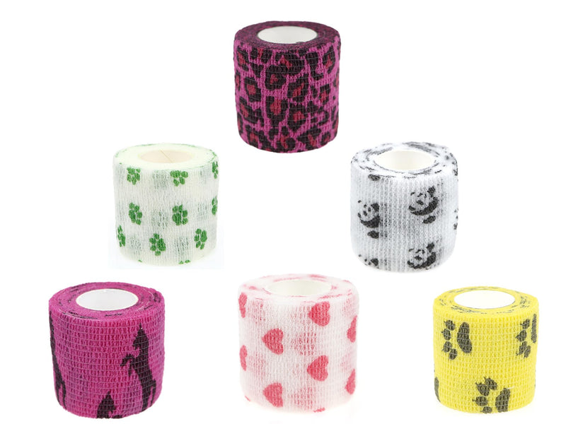 6 Rolls Vet Wrap Tape Bulk 1 Inch, Waterproof Self Adherent for Horses Dogs Cats Animals Pets(Love, Horse, Leopard Print, cat and so one) who was injure or Have Wounds (Cartoon)