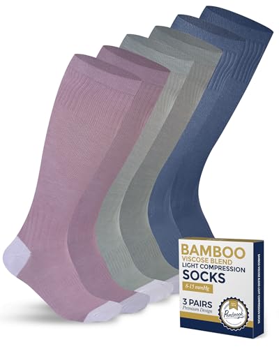 Pembrook® Bamboo Viscose Light Compression Socks - 3 Pairs | 8-15 mmhg Compression Socks | Knee High Comfort Support Socks Medium Light Green/Light Blue/Rose