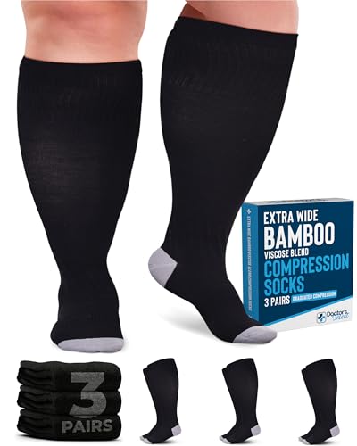 Doctor's Select® 3 Pairs Plus Size Compression Socks Wide Calf - Bamboo Viscose Knee High Socks | Circulation Support 3X-Large 01 - Black - 3 Pairs