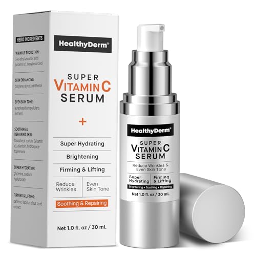 HealthyDerm Super Vitamin C Serum for Women Over 70: Niacinamide, Vitamin C, Hyaluronic Acid, Peptides, Vitamin E, Caffeine, Bakuchiol, Hydrating, Lifting, Face Wrinkle & Age Spots Reduction 1 Ounce (Pack of 1)