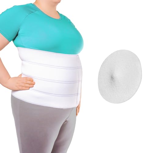 BraceAbility Abdominal Stomach Binder + Hernia Belt Replacement Pad Bundle - Post-Surgery Compression for Tummy Tuck, Hysterectomy Recovery - Includes Silicone Pad Cover (XL 9”)