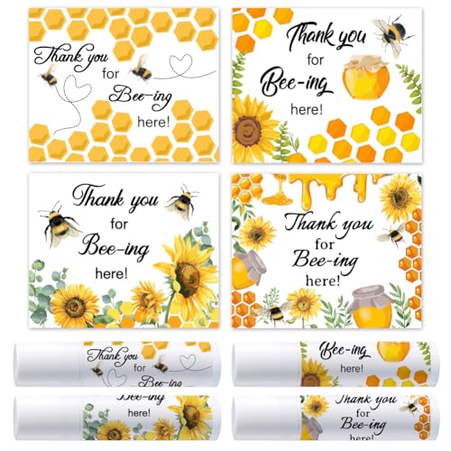 OLYCRAFT 100Pcs 4 Styles Bee Lip Balm Labels Stickers 2.1x1.7 inch Self-Adhesive Favor Lip Balms Bee Honeycomb Stickers with Thank You Words for Lipstick Wrapping Decorations Birthday Party Supplies Bee Theme