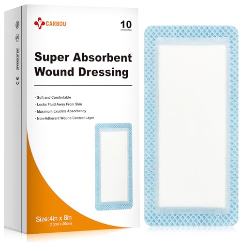 Carbou Super Absorbent Wound Dressing 4" x 8", 10 Pack, Non-Adhesive Pads 4"x 8"(Pack of 10)