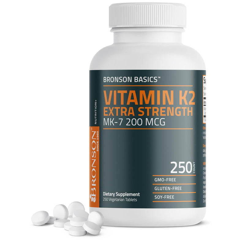 Bronson Vitamin K2 MK-7 200mcg Extra Strength, 250 Vegetarian Tablets 250 Count (Pack of 1) - BeesActive Australia