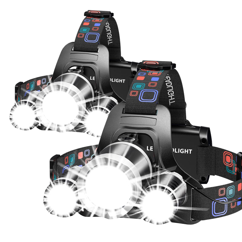 WdtPro Headlamp Rechargeable, 2 Pack 3000LM Bright Headlight, Lightweight Flashlight with 3 Powered LED, Waterproof 90°Adjustable 4 Modes & Tail Lights Head Lamp for Camping Outdoor Running