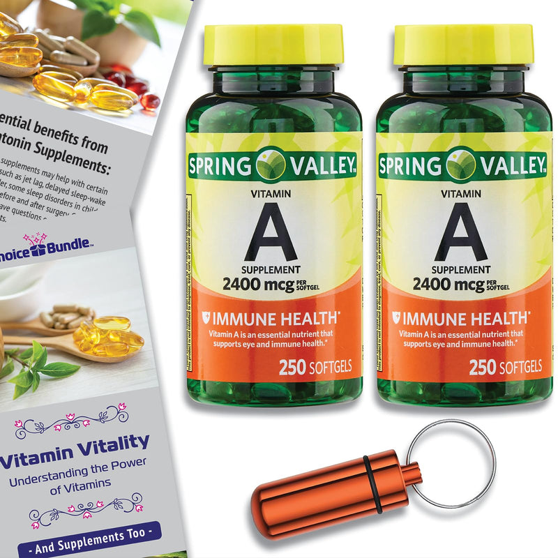 Spring Valley Vitamin A Softgels, 2400 mcg 2Pk Choice Bundle (500 Total) + Vitamin Vitality Guide and Pill Container (4 Items)! 250 Count (Pack of 2) - BeesActive Australia