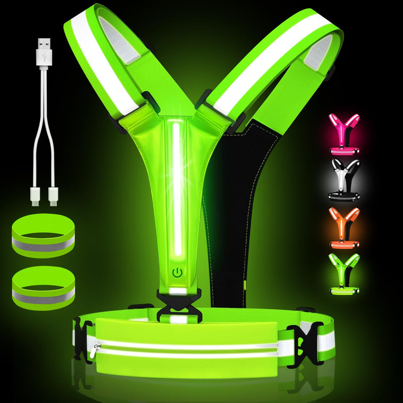 JZ LED Reflective Vest Running Gear-Reflective Vest for Walking at Night, High Visibility Night Running-Rechargeable Adjustable Led Light Up Running Vest with Armband for Runners Walkers Men Green