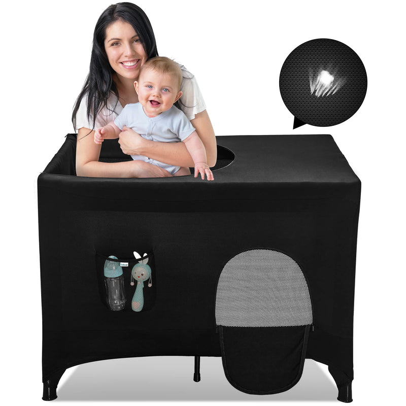 Pack n Play Blackout Cover for Travel Crib - Breathable Tent With Portable Stretchy Netting