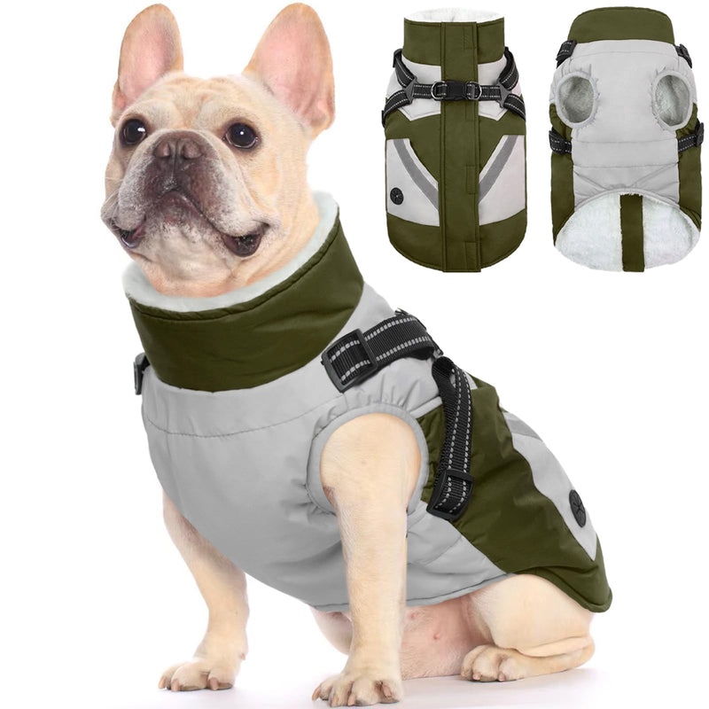 FUAMEY Dog Jackets-Dog Coat with Harness Built in-Waterproof Dog Jacket-Dog Winter Coat with Zipper On Back-Snowsuit Pet Clothes Poop Bag Pockets-Reflective Dog Vest for Extra Small Dogs Green XS X-Small(chest:14in) - BeesActive Australia