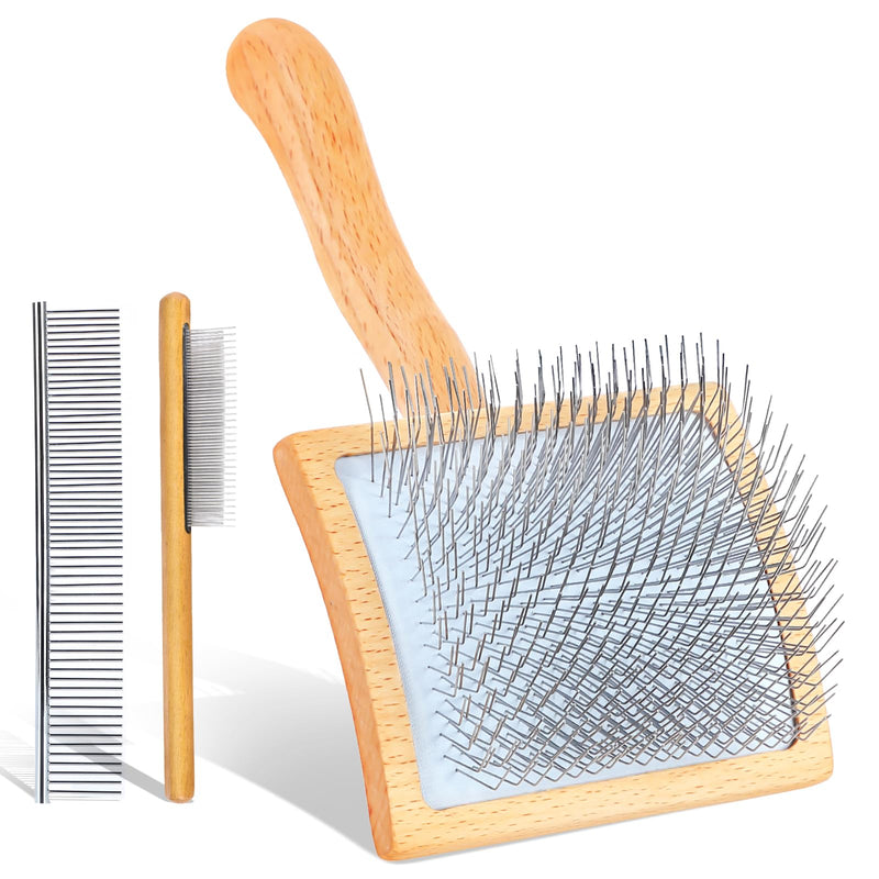 Dog Slicker Brush for Medium or Long Haired Dogs, Long Pin Slicker Brush for Removes Loose Hair, Tangles and Knots, Best Grooming Brush forl Small Animals, Large, Free Pet Comb, Wood - BeesActive Australia