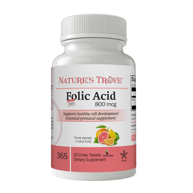 Nature's Trove Folic Acid 800 mcg (B9 Vitamin) 365 EZ Chew Tablets Cherry Flavor