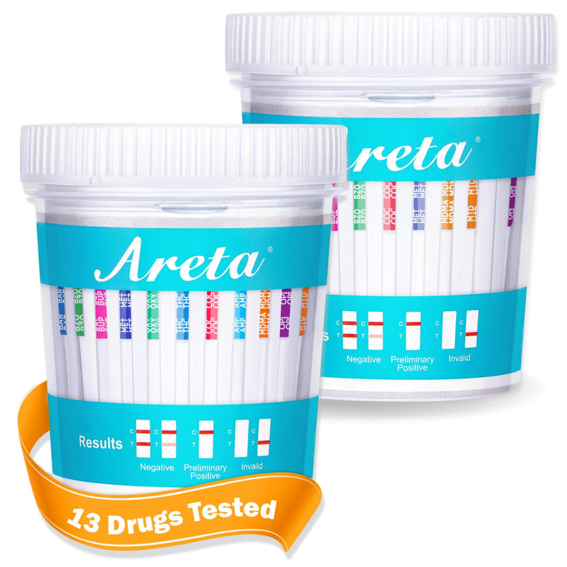 Areta Multi-Drug Test Cup 13 Panel, Screen for Most-Use Drugs (THC/AMP/BAR/BUP/BZO/COC/MDMA/MET/MTD/OPI/OXY/PCP/TCA), Results in 5 Min -#ACDOA2-1134 (2 Pack) 2 Count