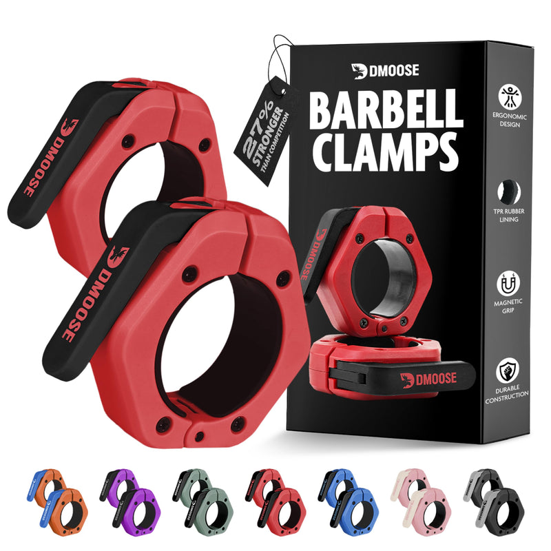 DMoose Fitness Barbell Clips 2 Inch (Pair) - Quick Release Olympic Barbell Clamps & Collars with Anti Slip TPR Grip for Secure Weightlifting and Powerlifting - Weight Clips for Bars at Home or Gym Red Magnetic - BeesActive Australia
