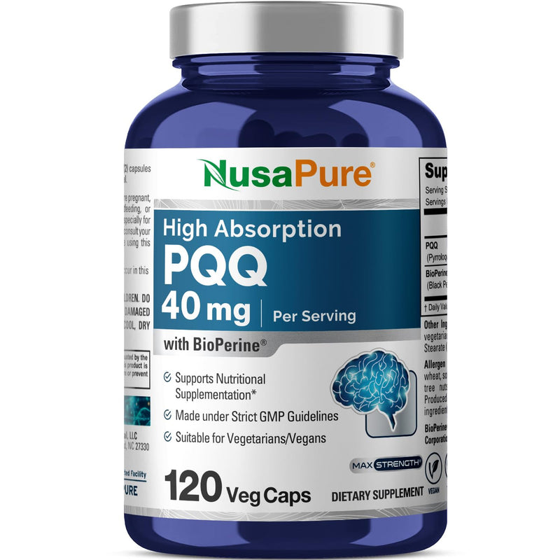 NusaPure PQQ Supplement 40 mg, 120 Veggie Capsules, Non-GMO, Pyrroloquinoline Quinone Disodium Salt, Bioperine 120 Count (Pack of 1)