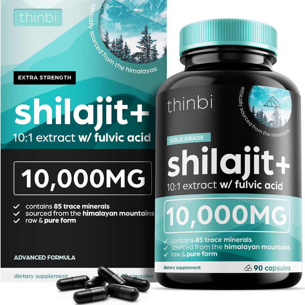 Thinbi Pure Himalayan Shilajit 10000mg Maximum Potency Organic Capsules 90 Count with Fulvic Acid & Trace Minerals for Enhanced Energy and Immune Support Men & Women Better Than Shilajit Resin