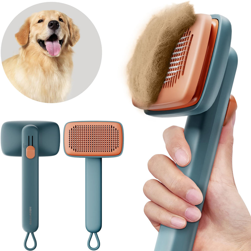 Dog Brush Cat Brush,Dog Brush for Shedding,Cat Brush With Release Button,Deshedding Dog Brush With Skin-friendly Soft Bristles 2 Level to Adjust for Long Short Haired Dogs Cats (Cyan) Cyan - BeesActive Australia