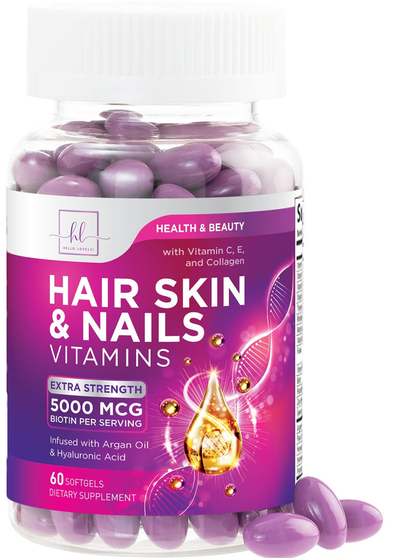 Hair Vitamins for Women for Hair Growth - Argan-Infused Supplement with Collagen, Biotin and Hyaluronic Acid - Supports Faster Hair Growth, Skin & Nails Beauty Vitamins, Bottled in USA - 60 Softgels 60 Count (Pack of 1)