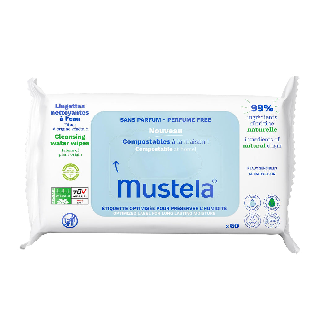 Mustela Baby Home Compostable Cleansing Wipes - For Face, Body & Diaper Area - 99% ingredients of natural origin & plant-based fibers - For all skin types - Fragrance Free Version & Various Sizes Unscented 60 Count (Pack of 1)