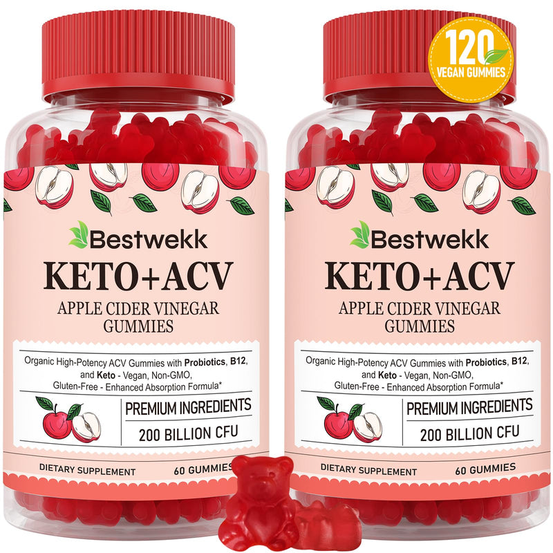 Apple Cider Vinegar Gummies, 120 ACV Gummies - Detox, Digestion, Gut Health | Max Strength 2000mg Keto ACV Gummy with Probiotics, B12 and Keto Support, For Digestion, Metabolism, Gelatin-Free 60 Count (Pack of 2)