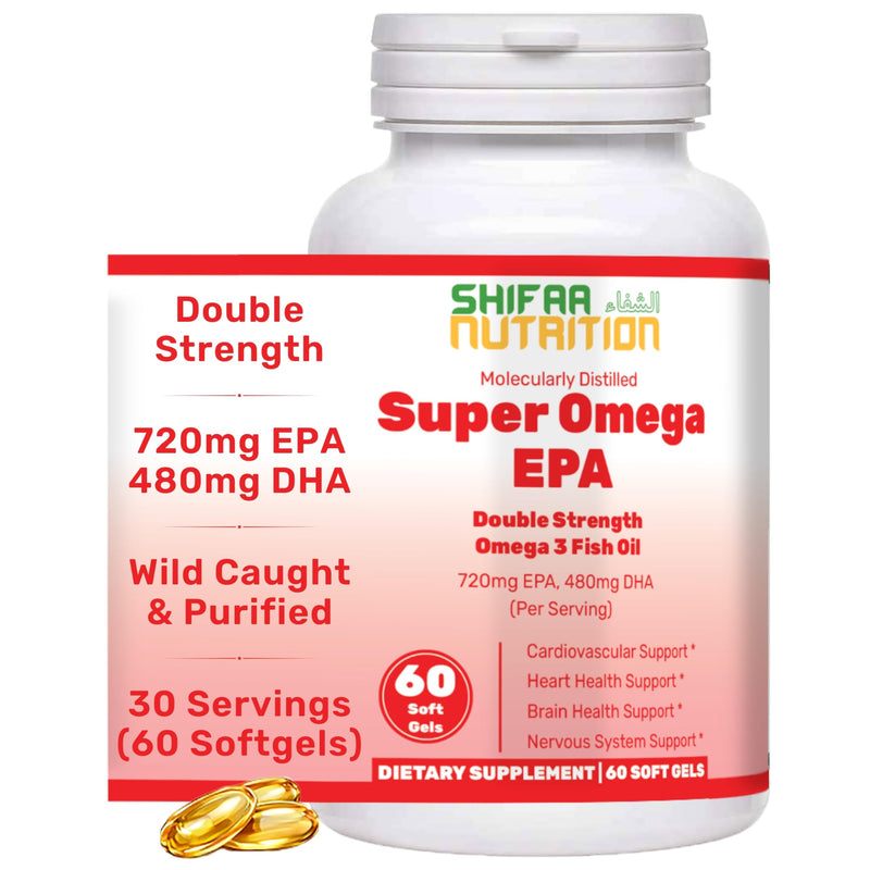 SHIFAA NUTRITION Halal Fish Oil Softgels 60 Ct, Double Strength - Halal Omega 3 Fish Oil Supplements. Wild Caught, Non-GMO & Purified 1 Count (Pack of 60)