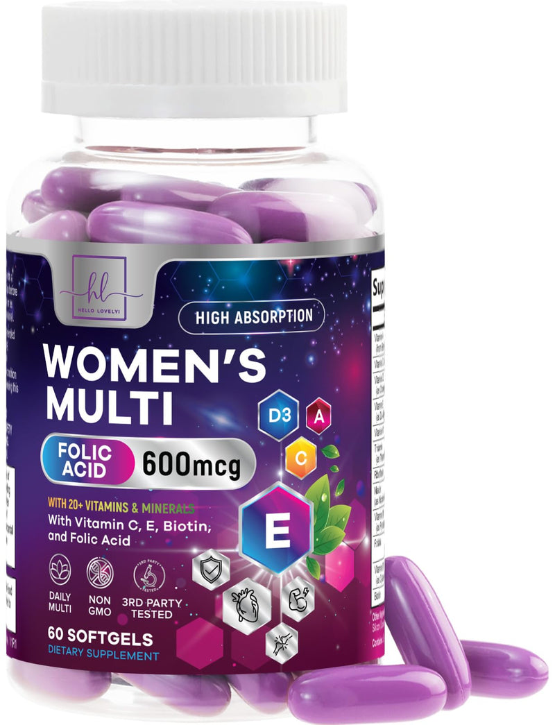 Multivitamin For Women - Complete Daily Woman's Multivitamins with Biotin, Calcium, Folic Acid, Iron, Zinc, Vitamin A, C, D, E & B Vitamins, Women's Hair Skin and Nails Supplements - 60 Softgels 60 Count (Pack of 1)