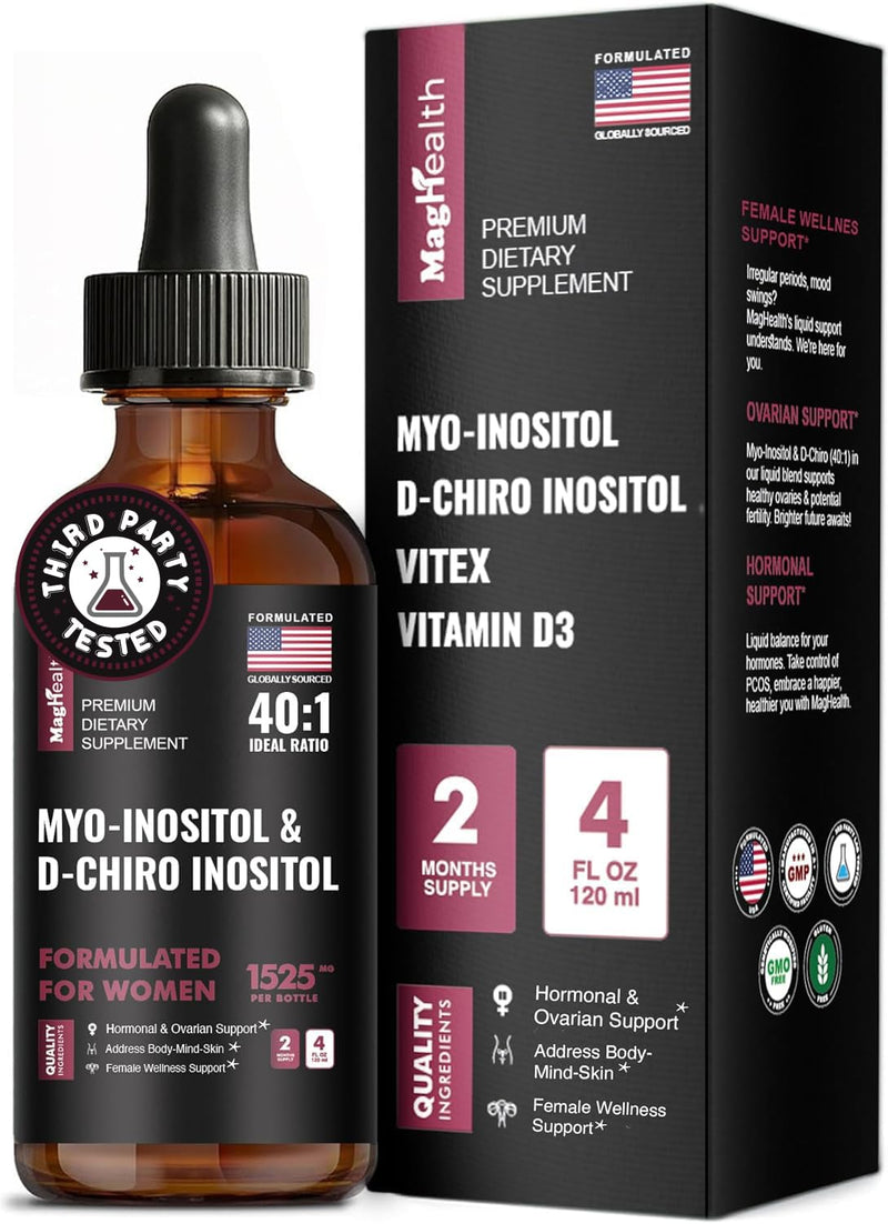Myo-Inositol & D-Chiro Inositol Liquid Drops for Women | 40:1 Ratio | Hormone Balance & Cycle Support | Vitex + Vitamin D3 | 4 Fl Oz (2-Month Supply) 4 Ounce (Pack of 1)