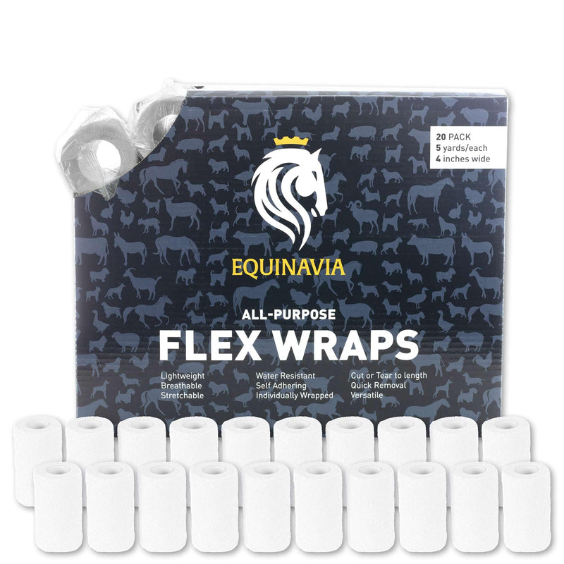 Equinavia 20 Pack Self Adhesive 4 Inch Vet Wraps with Easy-Dispenser Case | Bandages for Horses, Pets, Sports, Tattoo - Black - 20 x 5 yd - White - 20 x 5 yd