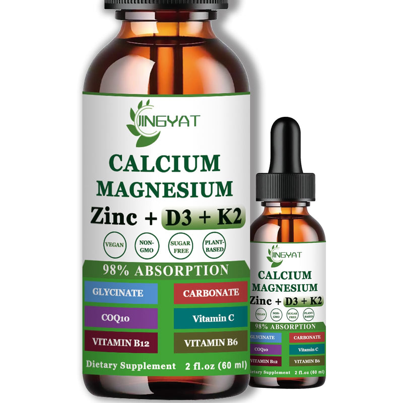 Calcium Magnesium Zinc Liquid Drops, Liquid Magnesium Glycinate 500mg Calcium 1000mg with Vitamin D3,K2,B6,B12,Coq10 for Bone Strength, Muscle Function,6X Stronger Than Gummies Capsules Mixed Berry 2 Fl Oz