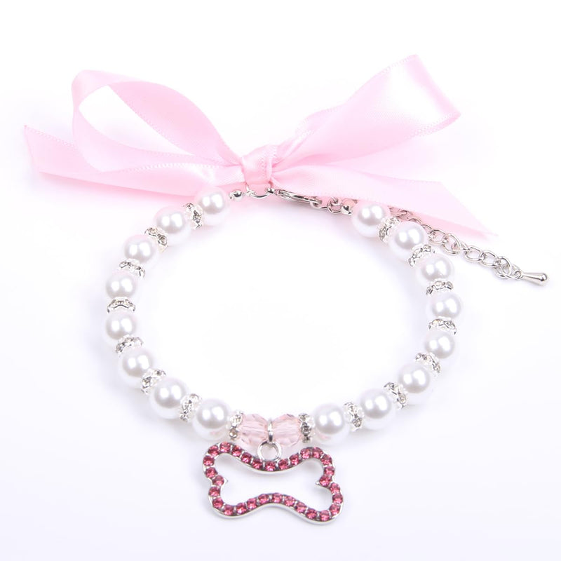 Dog Cat Pearls Necklace Collar with Rhinestones Bone Charm Pendant Pet Puppy Jewelry Accessory (Pink, Small) Pink - BeesActive Australia