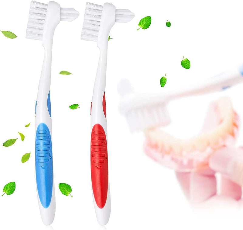 Y-Kelin Denture Brush Hard Bristles, Denture Toothbrush with Dual Head & Rubber Handle Non-Slip (Red+Blue, 2 Pcs) - BeesActive Australia