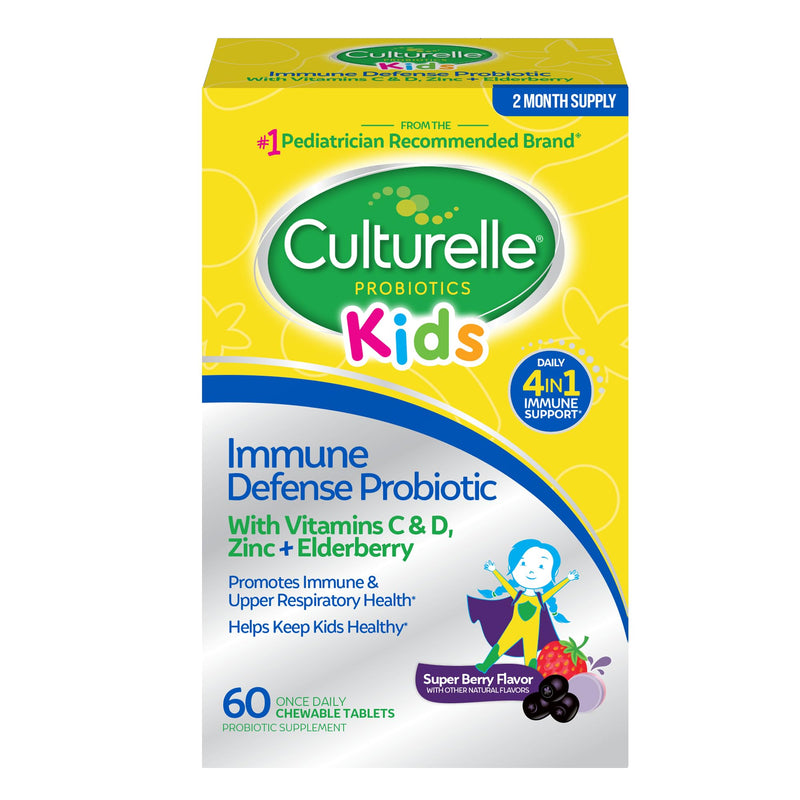Culturelle Kids Daily Immune Defense Probiotic Chewables, Ages 3+, 60 Count | From the #1 Pediatrician-Recommended Brand± Digestive Health & Immune Support*, Zinc, Vitamins C, D, Elderberry, Mixed Berry 60 Count (Pack of 1) Kids Immune Defense Probiotic
