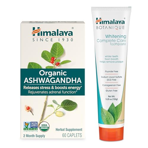 Himalaya Organic Ashwagandha, 60ct for Energy Support & Occasional Sleeplessness Plus Whitening Complete Care Toothpaste, Fluoride Free, Mint Flavor – 2-Product Bundle