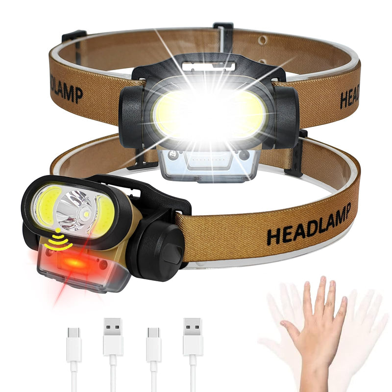 Headlamps, 2 Pack Built-in 2000mah Battery Rechargeable Flashlight Motion Sensor, Widebeam Bright Headband Lightweight Waterproof for Outdoor Running Camping Hiking Hunting W12