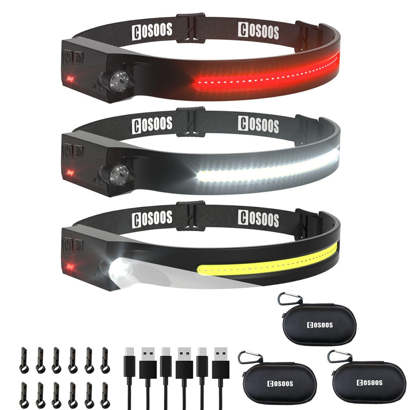 COSOOS LED Headlamp Rechargeable 3PCS with Cases, White & Red Light, Motion Sensor, Hardhat Clips, 230° Wide Beam Head Lamp for Adults, Head Light Flashlight for Hiking Camping Accessories Headlamp for Adults