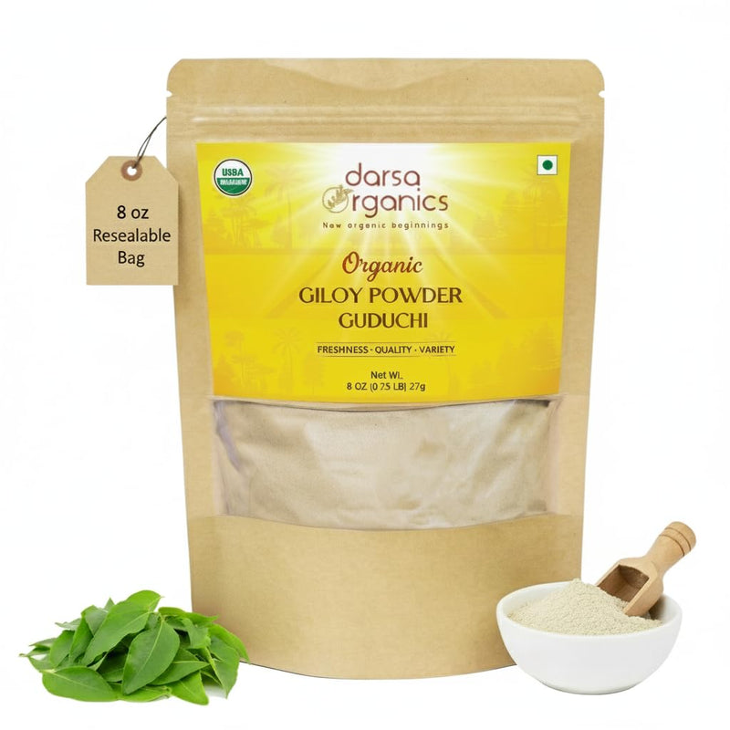 Giloy Powder 8 oz - Premium USDA Organic Guduchi Powder (Tinospora Cordifolia), Ayurvedic Herb for Immunity & Wellness, Herbal Tea & Recipes, Non-GMO, Kosher, Vegan, Resealable Pouch